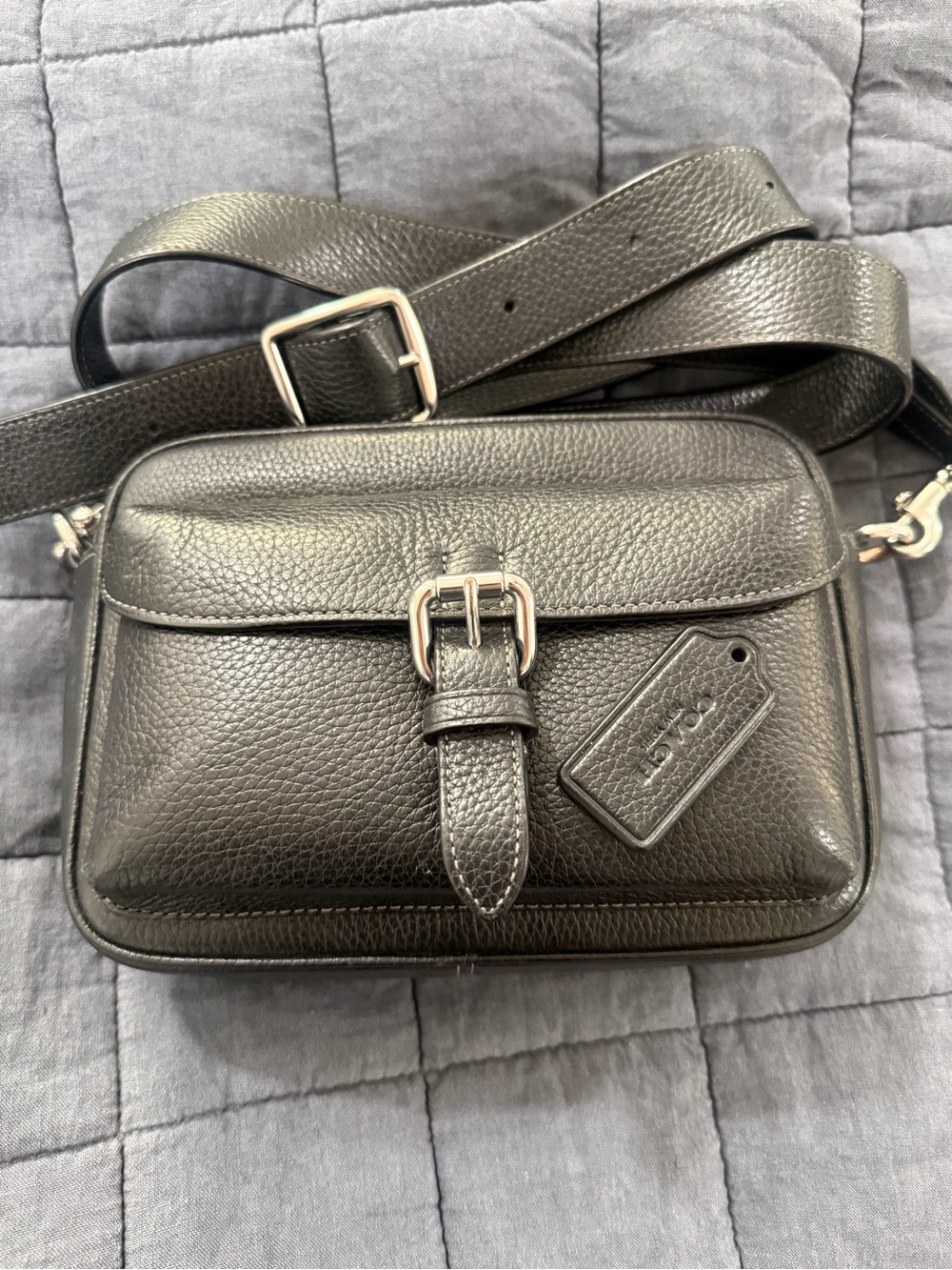 Coach Black Pebbled Leather Messenger Crossbody with Buckle Detail
